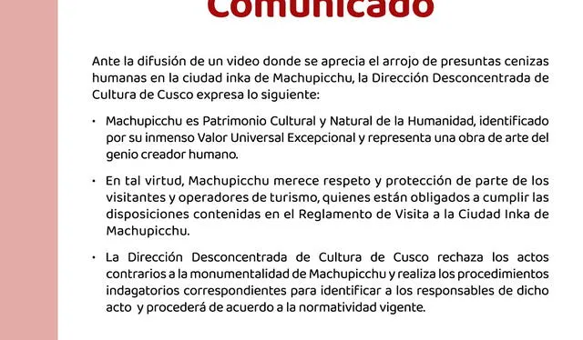 Comunicado tras polémico video. Foto: Ministerio de Cultura   