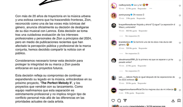 Comunicado de Zion en Instagram   