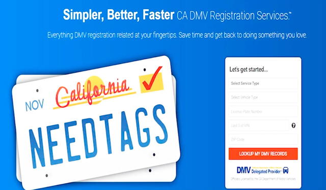  A simple vista, el diseño y estructura del sitio web NeedTags.com podría confundirse con las páginas oficiales del Departamento de Vehículos Motorizados de California. Foto: ABC   