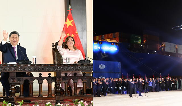 Imagen combinada del presidente chino, Xi Jinping, y su homóloga peruana, Dina Boluarte, asistiendo a la ceremonia de inauguración del puerto de Chancay por videoconferencia, en Lima, Perú, el 14 de noviembre de 2024.   