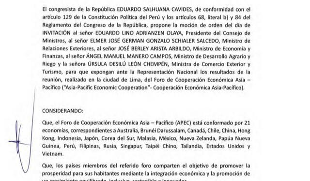 Moción de orden del día que cita al premier y 4 ministros para dar los resultados de la reunión APEC.   