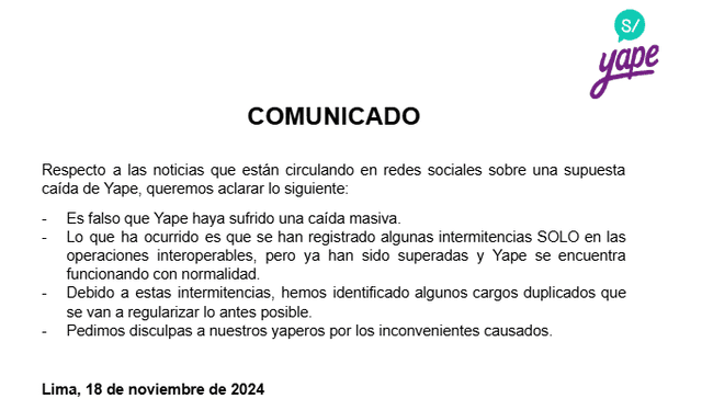  Comunicado de Yape. Foto: captura de pantalla/Yape   