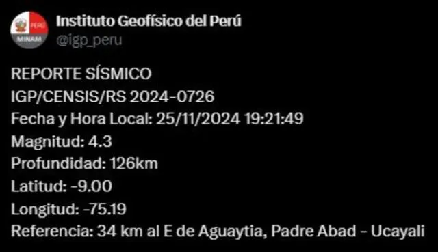 Sismo de 4,3 en Ucayali. Foto: IGP   