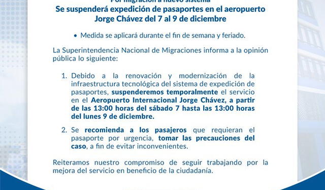 La finalidad de la suspensión es modernizar la infraestructura tecnológica del sistema de expedición de pasaportes. Foto: Migraciones Perú.   