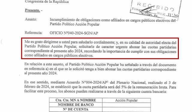  Uno de los oficios remitidos por la dirigencia del partido, en este caso a María del Carmen Alva.    