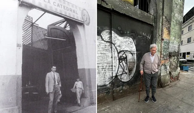  El hijo de Mario Vargas Llosa, Álvaro, publicó en redes sociales ambas fotos de su padre frente a 'La Catedral', una tomada hace 55 años y otra reciente   