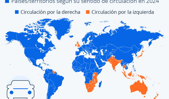  Cerca de dos tercios de la población mundial conduce por el lado derecho de la carretera. Foto: Statista.    