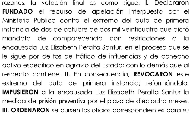 Resolución judicial que dicta 18 meses de prisión preventiva contra Elizabeth Peralta   