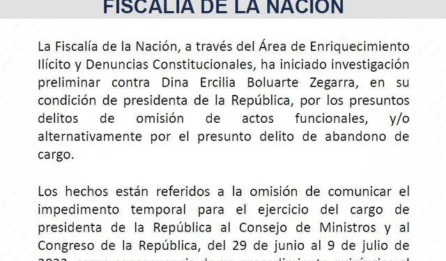 Comunicado sobre Dina Boluarte 