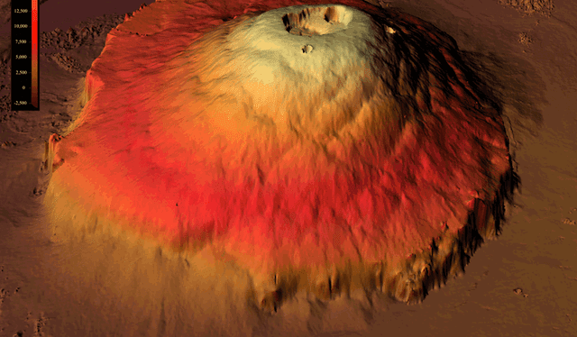  Olympus Mons cuenta como 85 km de largo, 60 de ancho y 2.8 de profundidad. Foto: Pin page.    