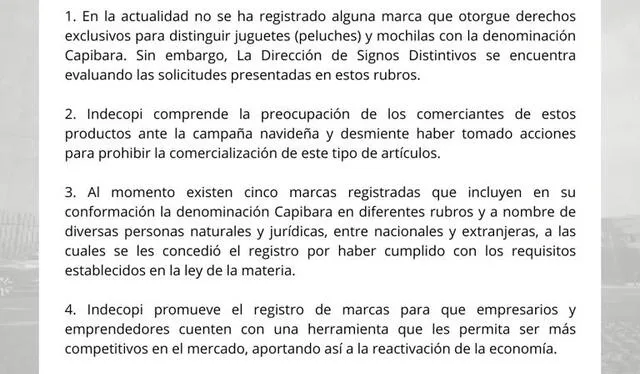Según el comunicado de Indecopi, no se ha registrado derechos exclusivos para distinguir juguetes y peluches con la denominación de ''capibara''. Foto Indecopi cuenta de X Según el comunicado de Indecopi, no se ha registrado derechos exclusivos para distinguir juguetes y peluches con la denominación de ''capibara''. Foto Indecopi cuenta de X