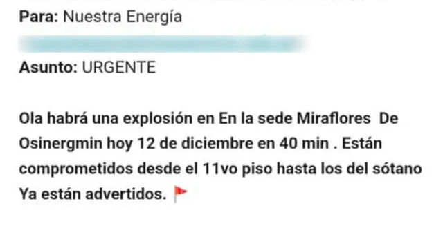 Mensaje sobre presunta bomba en Miraflores