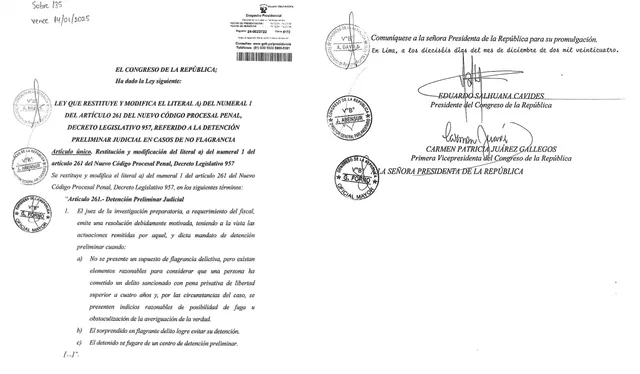 Proyecto de ley que restituye la detención preliminar en caso de no flagrancia enviado al Gobierno para su promulgación.    