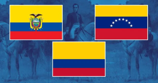  Las tres banderas tienen características distintivas: la de Venezuela incluye un arco de ocho estrellas, Ecuador añade un escudo con un cóndor andino sobre un paisaje, mientras que la de Colombia generalmente carece de símbolos. Foto: Radio K1.    