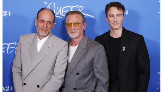 Luca Guadagnino director de 'Queer' junto a los actores protagonistas Daniel Craig y Drew Starkey. Foto: AFP   