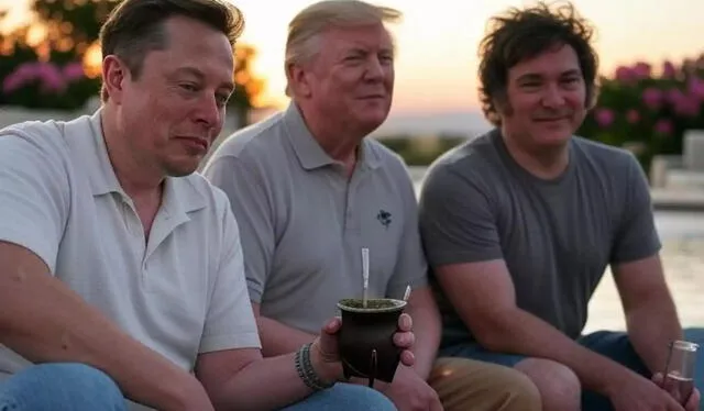  Imagen creada con generador de IA Aurora en el que se observa a Elon Musk, Donald Trump y Javier Milei tomando mate. Foto: La Derecha Diario   