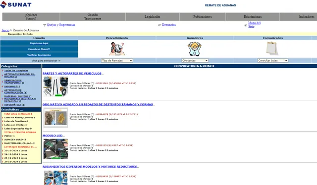  Portal web de Remate de Aduanas. Foto: captura de Sunat   