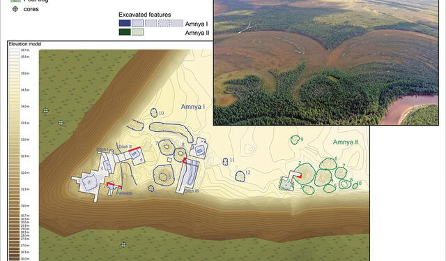 Vista aérea del río Amnya y el promontorio; abajo: plano general de Amnya I y II, que muestra la ubicación de las zanjas de excavación y los elementos visibles. Foto: Nikita Golovanov Vista aérea del río Amnya y el promontorio; abajo: plano general de Amnya I y II, que muestra la ubicación de las zanjas de excavación y los elementos visibles. Foto: Nikita Golovanov