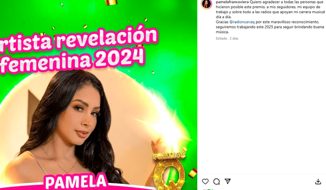 Pamela Franco recibió el galardón de ‘Artista Revelación Femenina’. Foto: Instagram   