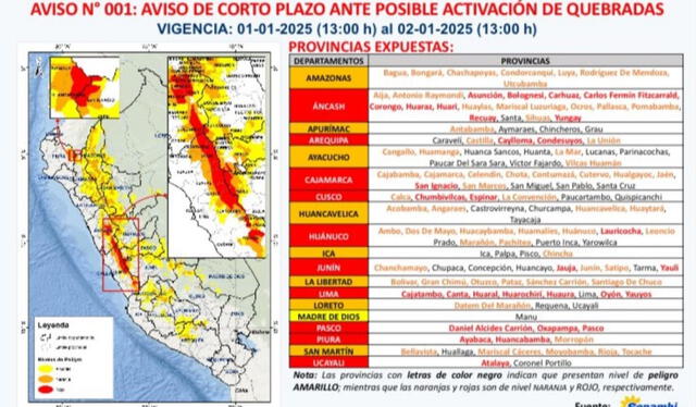  Aviso 001 del Senamhi sobre posible activación de quebradas. Imagen: COEN Indeci/Senamhi.   