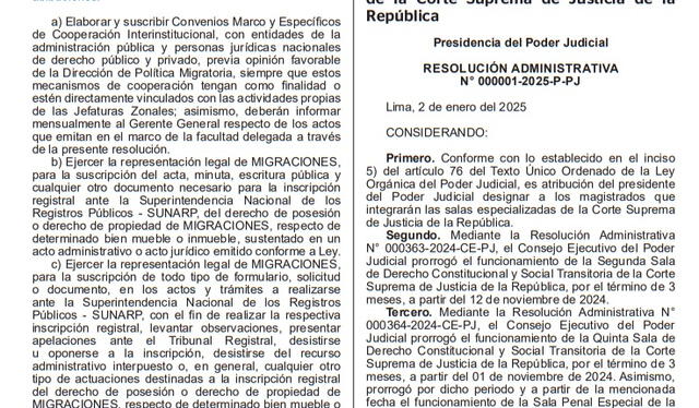 La conformación de las Salas de la Corte Suprema se oficializó en la separata de normas legales del diario El Peruano 