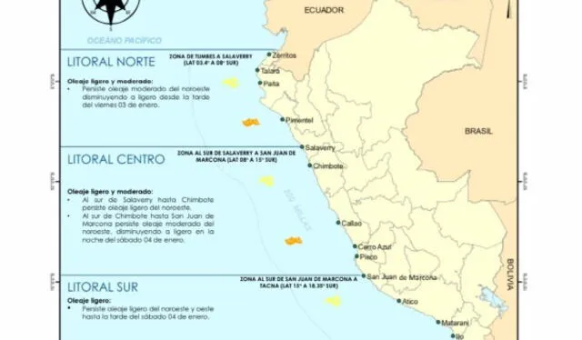 Aviso de oleajes anómalos de la Dihidronav que señala que el fenómeno continuará hasta el 7 de enero. Foto: Hidrografía Perú/X   