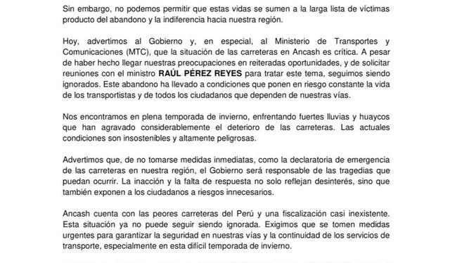  Asociación de Transportistas Interprovinciales de Áncash se pronuncian. Fuente: Difusión.   