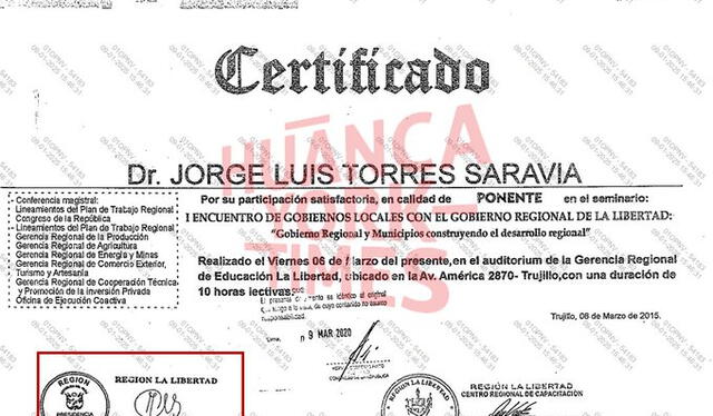  Certificado presentado por Jorge Torres Saravia que lleva la firma del líder de APP, César Acuña.   