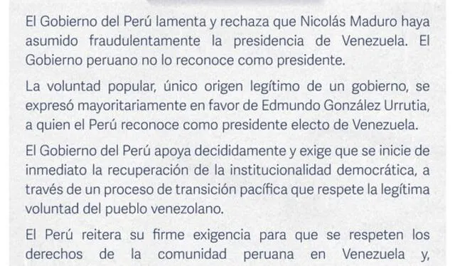 Comunicado de la presidencia del Perú sobre la juramentación de Nicolás Maduro | Fuente: Presidencia del Perú-X