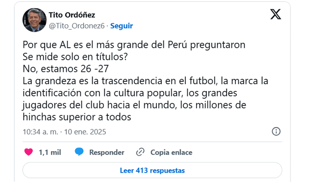  El dirigente del club victoriano expresó sus fundamentos para determinar que Alianza Lima es el club más grande del Perú. Foto: X   