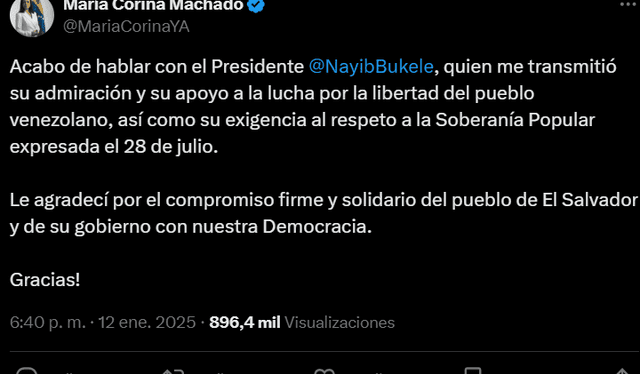  María Corina Machado expresó en Twitter sobre el apoyo brindado por Nayib Bukele. Foto: captura Twitter   