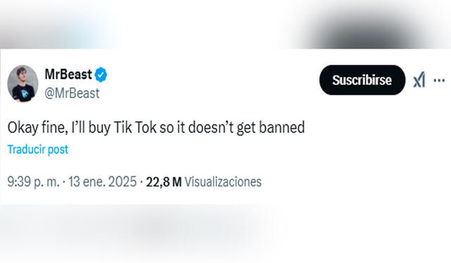  MrBeast sorprendió al sugerir en X que podría adquirir TikTok para evitar su prohibición. Foto: X   