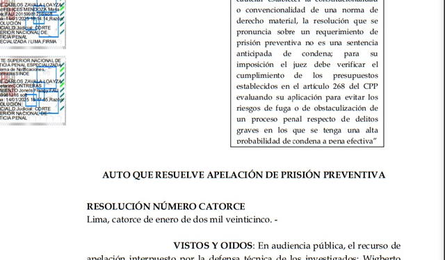 Resolución de la Quinta Sala de Apelaciones que anula la prisión preventiva de Nicanor Boluarte   