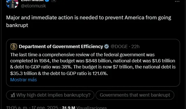 Advertencia de Elon Musk, a través de su cuenta de X, sobre una posible bancarrota de Estados Unidos. Foto: X/@elonmusk. Advertencia de Elon Musk, a través de su cuenta de X, sobre una posible bancarrota de Estados Unidos. Foto: X/@elonmusk.
