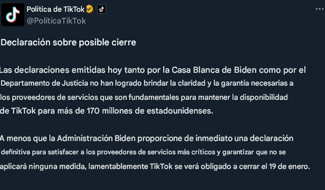  Comunicado oficial de Tiktok sobre el cierre de operaciones en Estados Unidos publicado en su perfil de X. Foto: captura TiktokPolicy / X    