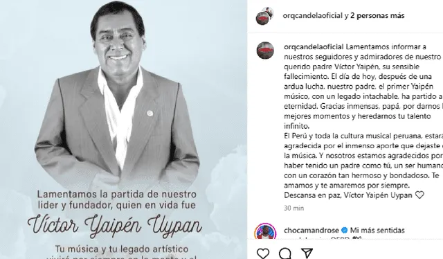 Orquesta Candela lamenta la muerte de Víctor Yaipén. Foto: Instagram   