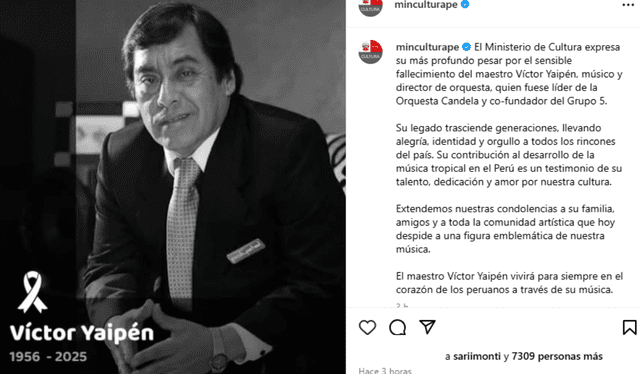 Ministerio de Cultura lamentó la muerte de Víctor Yaipén. Foto: Instagram   