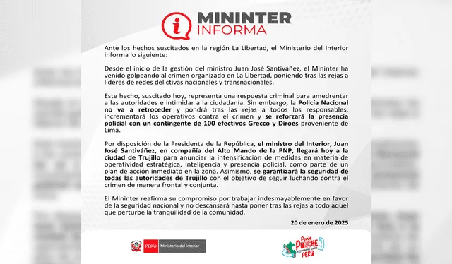 Comunicado del Ministerio del Interior. Foto: Mininter   