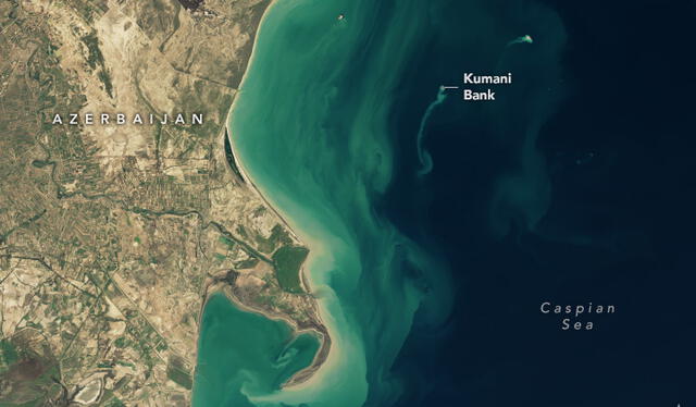  Ubicación del banco Kumani en el mar Caspio frente a la costa de Azerbaiyán. Foto: NASA   