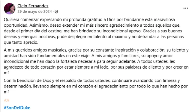 Cielo Fernández agradeció por su ingreso a Son del Duke. Foto: Facebook   