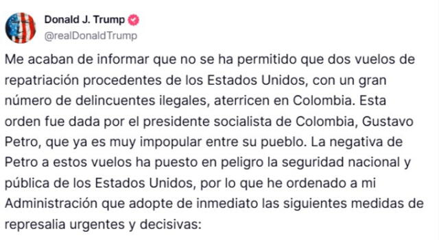 Donald Trump le respondió a Gustavo Petro. Foto: Captura de pantalla de Truth   