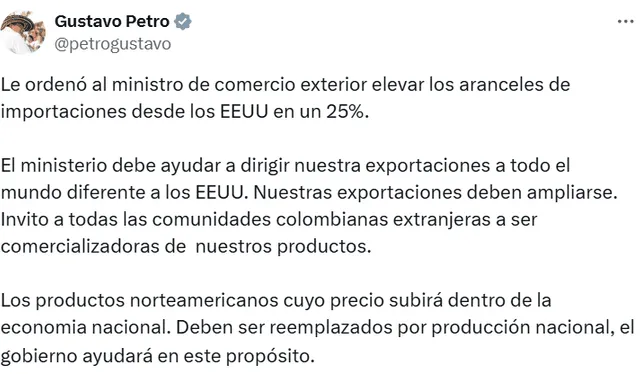 Petro anunció el aumento de aranceles contra Estados Unidos tras respuesta de Donald Trump. Foto: X   