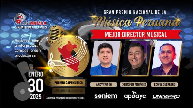 Andy Yaipén del Grupo 5, Chris Fernández y Edwin Guerrero de Corazón Serrano compiten como Mejor director musical. Foto: difusión   