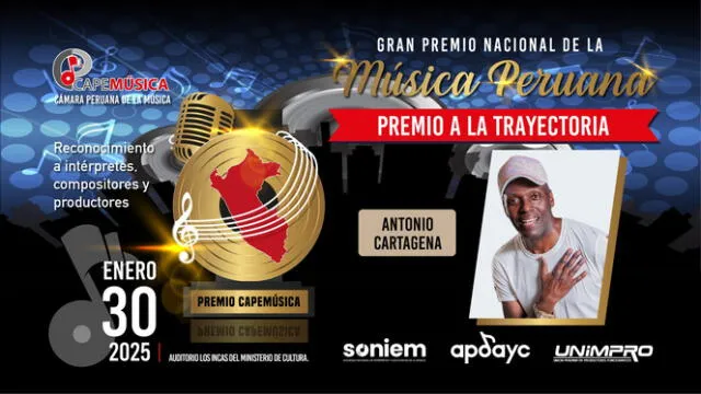 Antonio Cartagena será reconocido por tener una carrera consolidada en la música salsa, con muchos éxitos a nivel nacional e internacional. Foto: difusión   