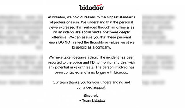  la empresa Bidadoo, donde Martinson trabajaba, emitió un comunicado en el que calificó sus comentarios como “sumamente ofensivos”. Foto: X / Bidadoo   