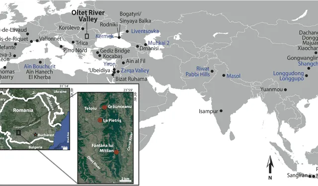Mapa de localidades fósiles que muestran evidencia de homínidos en el norte de África y Eurasia. Foto: Nature Mapa de localidades fósiles que muestran evidencia de homínidos en el norte de África y Eurasia. Foto: Nature