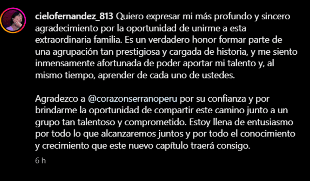 Comunicado de Cielo Fernández sobre su ingreso a Corazón Serrano. Foto: Instagram/Cielo Fernández   