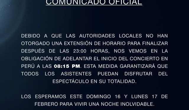 Comunicado de Masterlive Perú. Foto: Instagram   