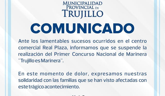 Comunicado de la Municipalidad de Trujillo. Foto: Municipalidad de Trujillo Comunicado de la Municipalidad de Trujillo. Foto: Municipalidad de Trujillo