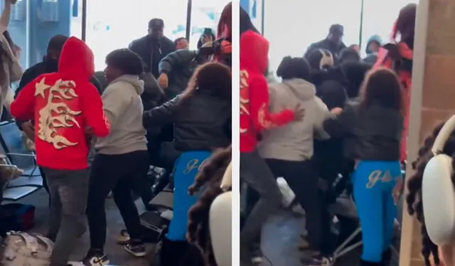 Los viajeros en el aeropuerto de Atlanta intercambiaron golpes y patadas, mientras algunas personas intentan desesperadamente alejarse del conflicto. Foto: X Los viajeros en el aeropuerto de Atlanta intercambiaron golpes y patadas, mientras algunas personas intentan desesperadamente alejarse del conflicto. Foto: X